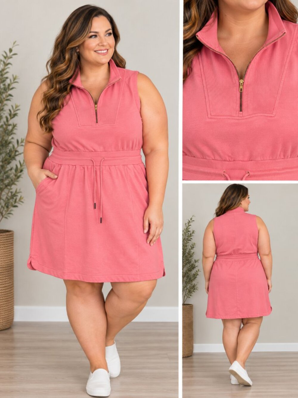 Sleeveless Pink Drawstring Waist Dress